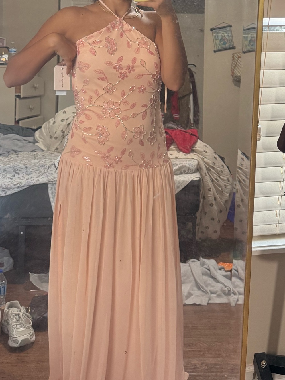 Elegant Blush Pink Embroidered Halter Evening Dress